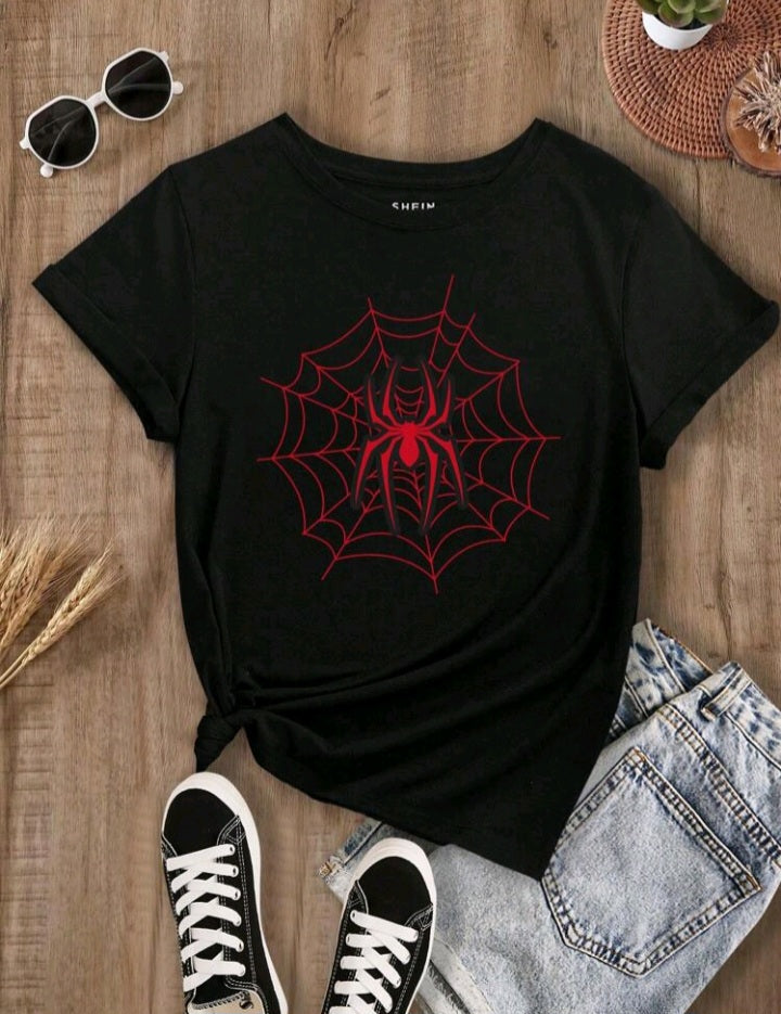 Camiseta de cuello redondo manga corta estampado de araña para verano