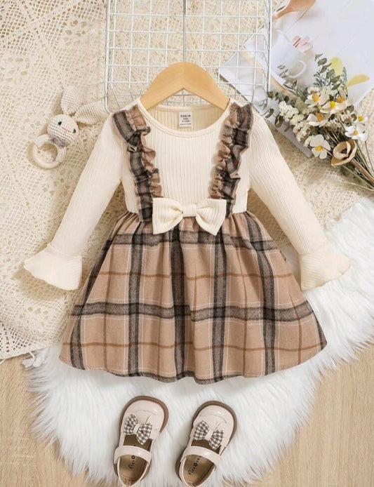 Vestido para bebé niña con estampado de cuadros, volantes, mangas abullonadas y moño delantero, para Navidad